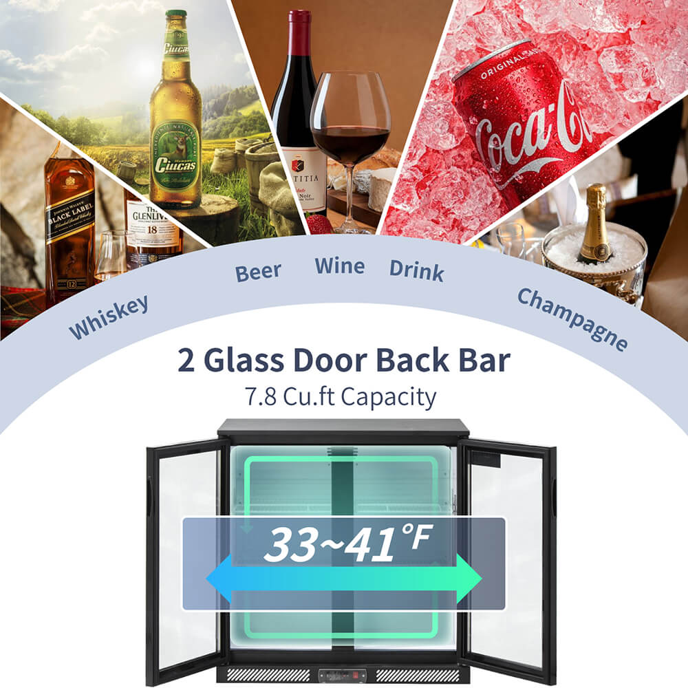 ICECASA Commercial 35.4" 2 Glass Door Back Bar Beer Cooler Beverage Refrigerator 7.8 Cu.ft | ICE-220H