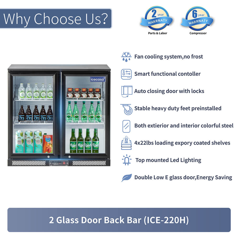 ICECASA Commercial 35.4" 2 Glass Door Back Bar Beer Cooler Beverage Refrigerator 7.8 Cu.ft | ICE-220H