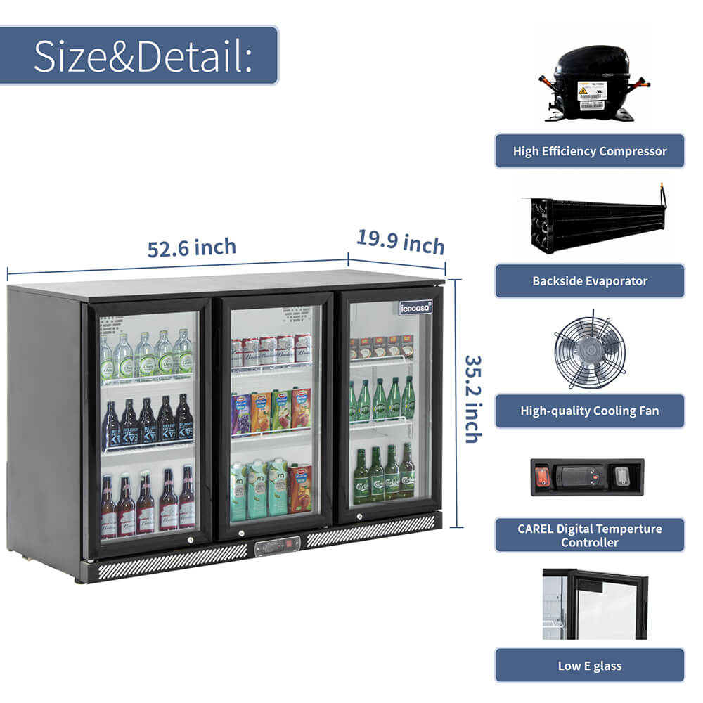 ICECASA Commercial 52.6" 3 Glass Door Back Bar Beer Cooler Beverage Refrigerator 11.7 Cu.ft | ICE-320H