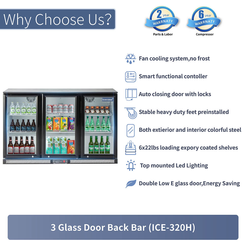 ICECASA Commercial 52.6" 3 Glass Door Back Bar Beer Cooler Beverage Refrigerator 11.7 Cu.ft | ICE-320H