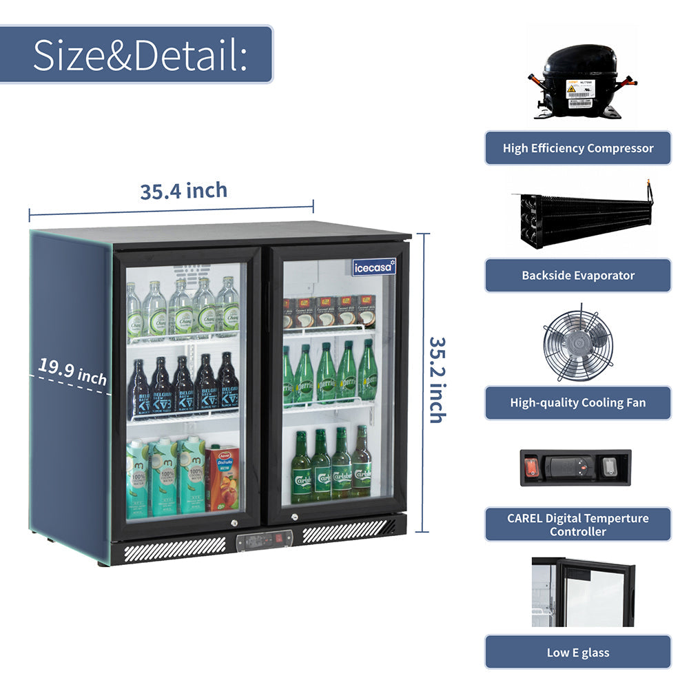 ICECASA Commercial 35.4" 2 Glass Door Back Bar Fridge Beverage Cooler 7.8 Cu.ft | ICE-220H