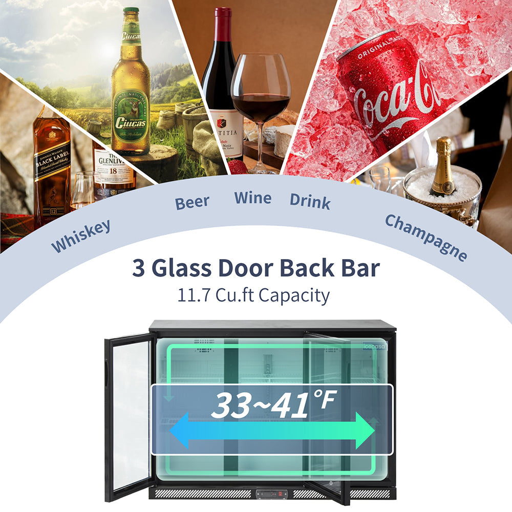 ICECASA Commercial 52.6" 3 Glass Door Back Bar Fridge Beverage Cooler 11.7 Cu.ft | ICE-320H