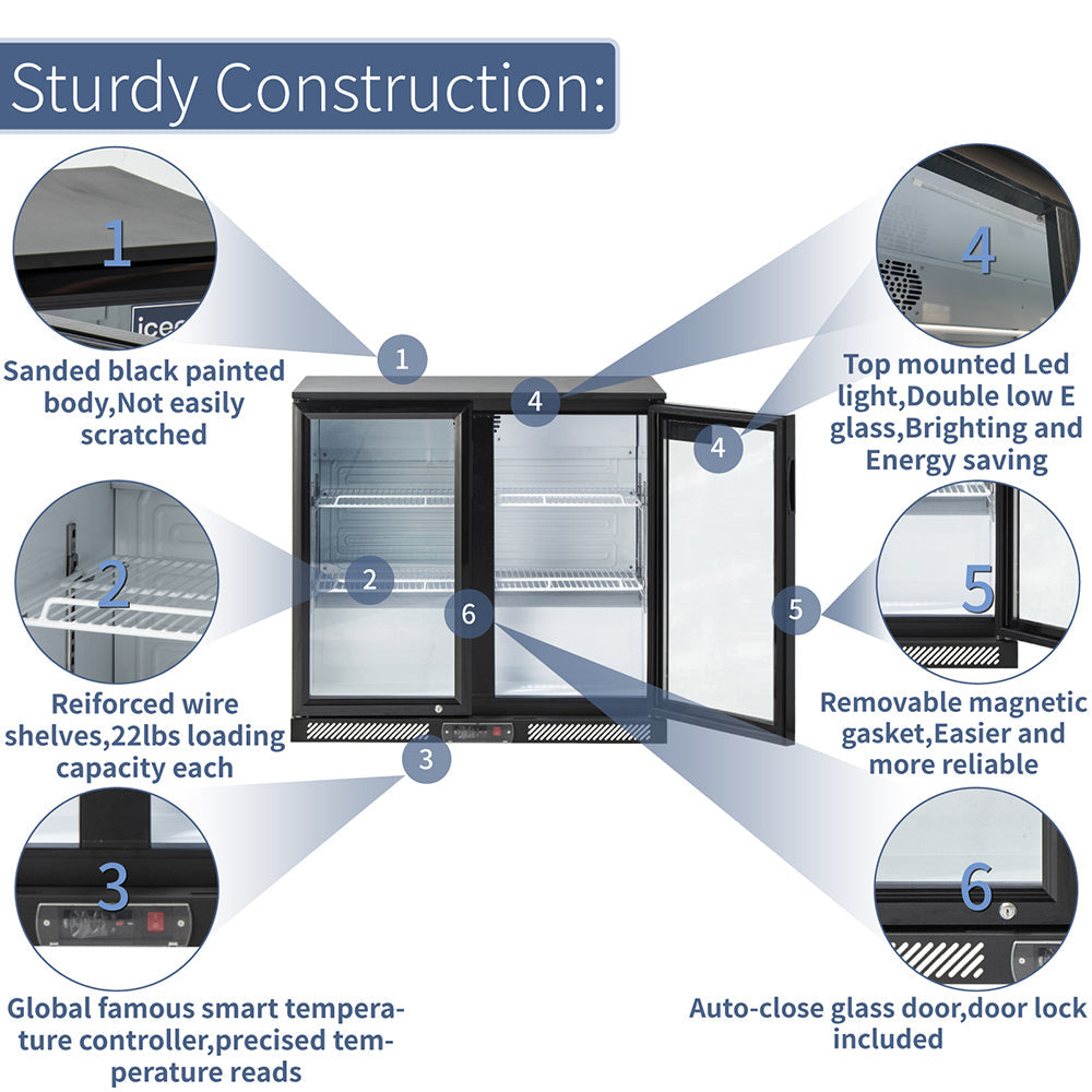 ICECASA Commercial 35.4" 2 Glass Door Back Bar Fridge Beverage Cooler 7.8 Cu.ft | ICE-220H